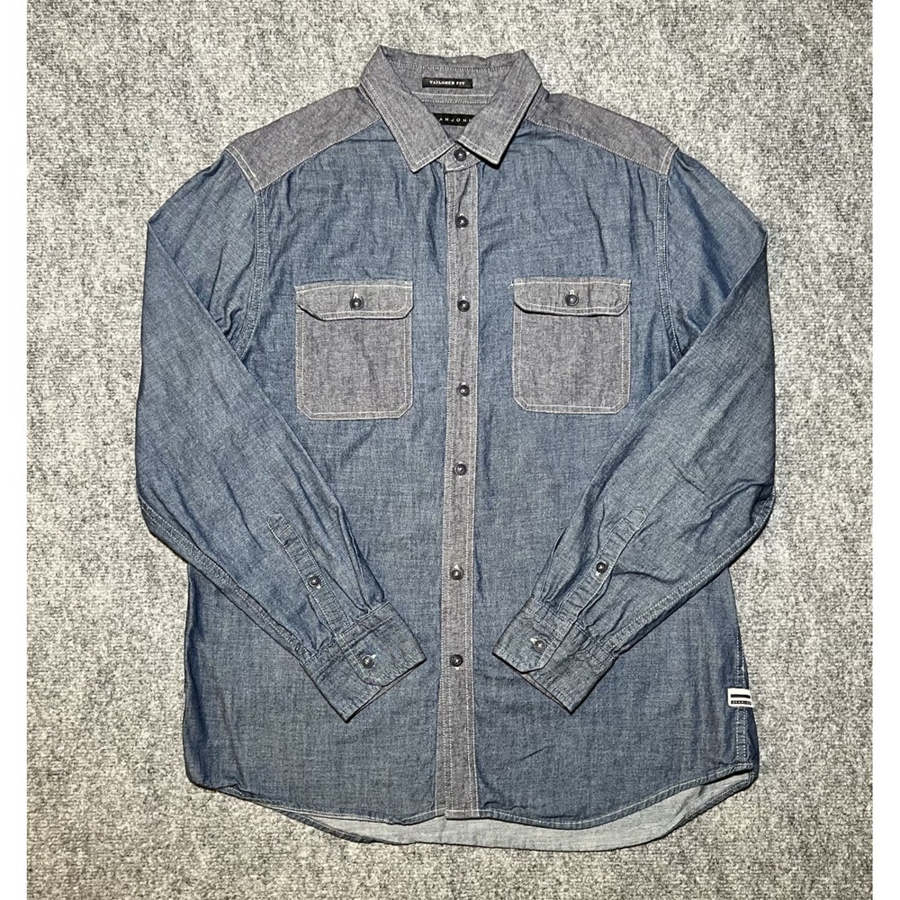 Sean John Chambray Button Up Shirt Men XL Tailored Fit Denim Double Front Pocket